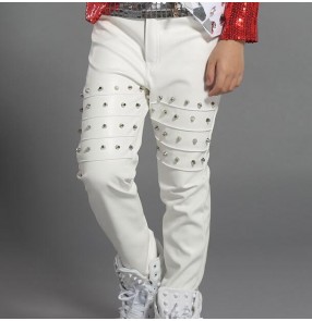 White black leather long length rivet fashion boys kids children baby school play hip hop jazz stage performance singer drummer dancing pants trousers